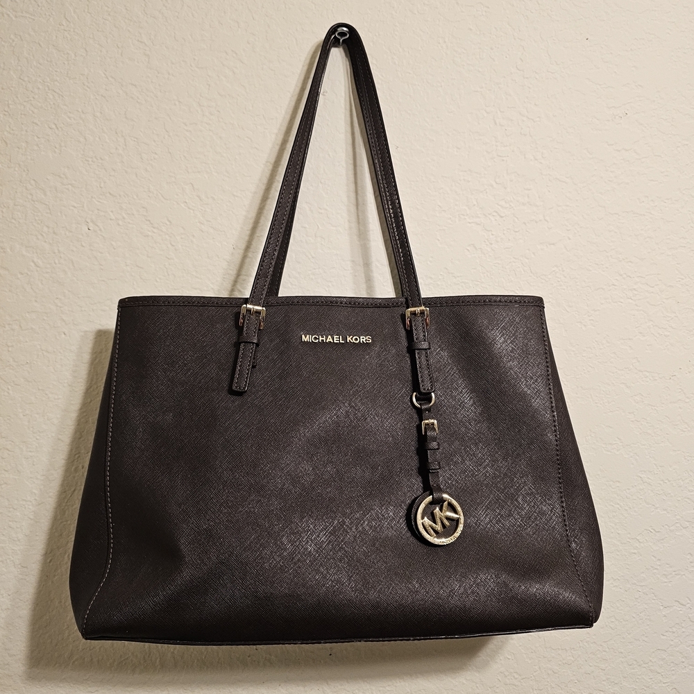 Michael Kors Dark Brown Saffiano Leather Tote with Gold Logo Charm - Picture 2 of 9